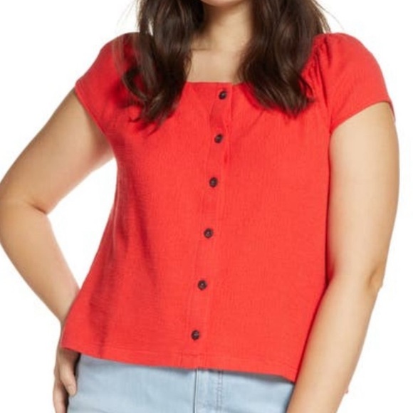 MADEWELL NWT TEXTURE & THREAD BUTTON FRONT TOP RED ORANGE MEDIUM - Picture 2 of 10